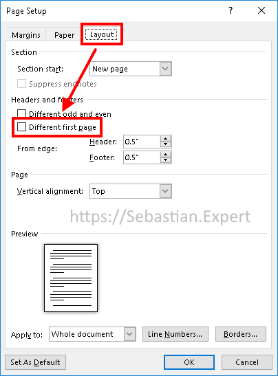 how to set a different first page header in word